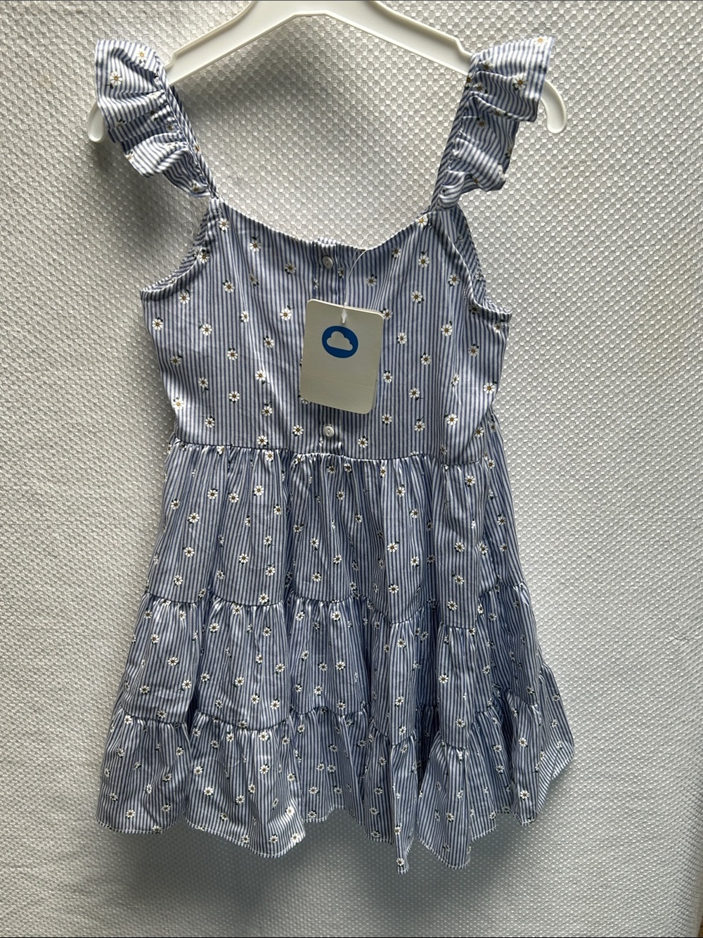 Mayoral Blue and White Striped Daisy Ruffle Sundress. 100% Cotton. Size 7. NWT.